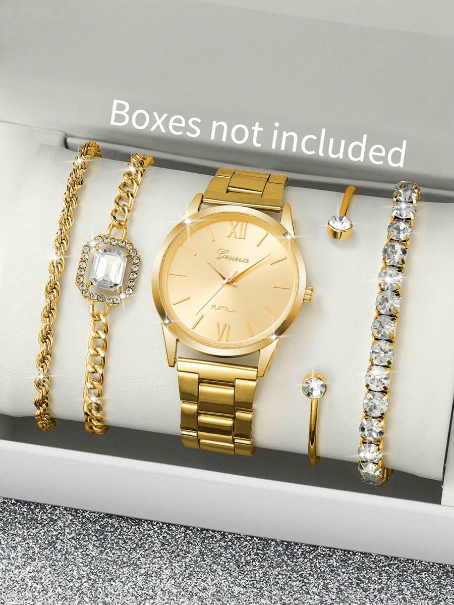 5pcs/Set Women's Fashion Minimalist Roman Scale Dial Quartz Watch & Bracelet Set - Gold - View 1