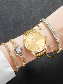 5pcs/Set Women's Fashion Minimalist Roman Scale Dial Quartz Watch & Bracelet Set - Gold - View 2