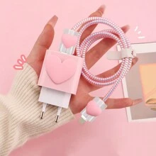 5pcs/Set Heart-Shaped Rotating Stress Relief Data Cable Protector, Compatible With Samsung 25W Charger, Scratch-Resistant, Anti-Breakage, Dirt-Resistant Case Cover - 080 Powder Shell Powder Core-radium Powder-white - View 8