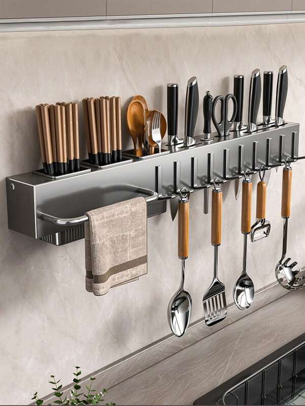 1 Stück Küchenregal, wandmontiertes Aufbewahrungsregal, ohne Bohren zu installieren, geeignet für Küche, Esszimmer, zum Platzieren von Messern, Essstäbchen, Löffeln, mit Haken ausgestattet, multifunktionales Aufbewahrungsregal