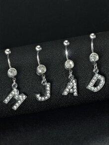 1pc Fashionable Classic 26 Letter Shape Pendant Goldtone Stainless Steel Navel Ring With Shiny Cubic Zirconia, Minimalist Style Body Piercing Jewelry Suitable For Women Daily Wear - Yellow Gold - View 2