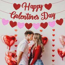 1 套，DIY 串红色闪光快乐情人节横幅和红粉色闪光心形花环横幅浪漫装饰情人节彩旗照片道具情人节派对礼物女士情人节主题装饰
