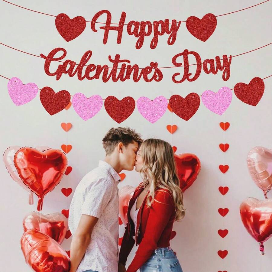1 套，DIY 串红色闪光快乐情人节横幅和红粉色闪光心形花环横幅浪漫装饰情人节彩旗照片道具情人节派对礼物女士情人节主题装饰