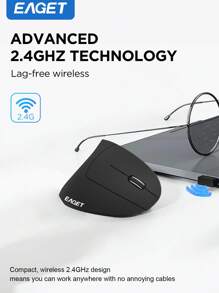 EAGET 2.4GHz Wireless Vertical Mouse 3 Adjustable DPI 800/1200/1600 Ergonomic Design Wireless Connection Mouse 6 Buttons Replaceable Battery, Suitable For Laptop Desktops, Office Use - Black - View 4