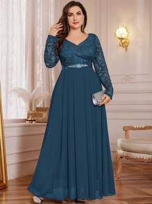 V-Neck Floral Lace Patchwork Chiffon Rhinestone Belt Formal Party Maxi Dress, Suitable For Valentine's Day, Wedding Guest, Birthday, Graduation Ceremony, Gala - Dusty Blue - View 4