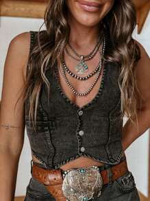 Women Y2K Button Down Denim Vest Vintage Sleeveless V Neck Jean Corset Crop Tank Top Fitted Cowgirl Streetwear - Màu xám đen - Xem 9