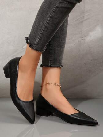 女士尖头低底高跟鞋，舒适工作专业正装鞋，耐用时尚皮革高跟鞋