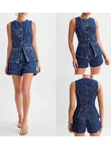 Women's Denim Long Vest Tops Button-Up Sleeveless Pocket Waistcoat Jean Vests - Blue - View 7