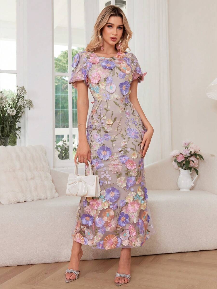 meilun 圆领刺绣不对称剪裁 3D 花卉泡泡袖中长连衣裙 - 紫色 - 查看 1