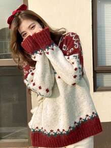 女士高领红色毛衣，厚实舒适的针织套头衫，冬季时尚