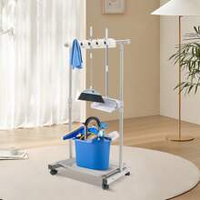 Broom And Mop Holder Cleaning Supplies Organizer Mop Organizer Height Adjustable 34.3-51.2in Freestanding Broom Holder W/4 Lockable Universal Wheels 5 Slots 6 Hooks For Home Restaurant Hotel