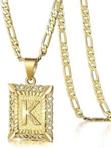 Initial Necklace Square Letter Pendant Necklace Capital Monogram Necklace Alhpabets from A-Z Figaro Chain Necklace - Yellow Gold - View 27