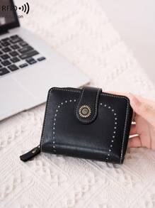CHARM INFINITE New Hollow Out Women Wallet Multi Card Slots Zipper Snap Closure Fashion Leather Purse European Retro Coin Pouch Short Wallet Gifts For Women - Black - View 3