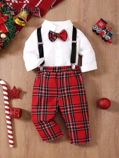 BrownBark Conjunto elegante de Navidad a cuadros para niños pequeños, camisa de manga larga casual y pantalón con tirantes, adecuado para primavera/otoño, fiesta de cumpleaños, fiesta de noche, actuación, boda, 1er cumpleaños, uso diario