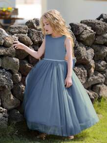 Tween Girl Gray-Blue Bridesmaid Dress Backless Big Bow Long Formal Gown - Blue - View 3