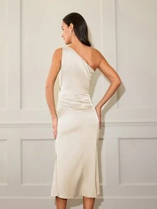 Women Elegant Solid Color Asymmetric Neck Mermaid Dress, Party Dress, Wedding Guest Dress, Prom Dress - Champagne - View 3