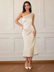 Women Elegant Solid Color Asymmetric Neck Mermaid Dress, Party Dress, Wedding Guest Dress, Prom Dress
