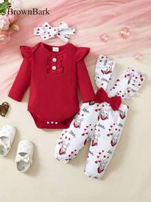 BrownBark Baby Girl 2pcs Set: Cute Casual Cartoon Rabbit & Heart Pattern Solid Color Long Sleeve Top + Floral Bow Decor Suspender Pants Set With Headband, Versatile For Daily Wear, Valentine's Day, Easter Bunny Children's Clothing - Red - View 1