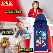 SONIC THE HEDGEHOG Hoodie Hooded Sweatshirt Lounge Wear Street Style 4-12 Years Gamer Gift - Blue - View 4
