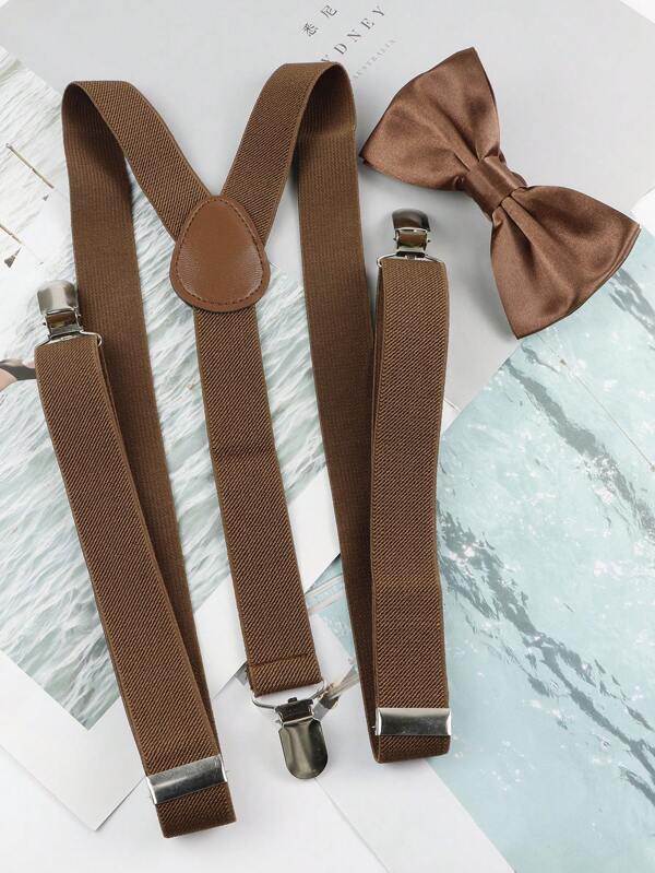 2pcs Men's Fashionable & Versatile Adjustable Solid Color Polyester Suspenders & Polyester Bowtie Set, Suitable For Weddings, Formal Events, And Daily Wear For Going Out Outfit Wedding Party And For Gift Autumn-Winter Accessories Halloween Costume,Suitable For Teens, Youth,Men,Casual, Outdoor, Athletic, Vacation, Graduation Gifts, Birthday, Daily Wear