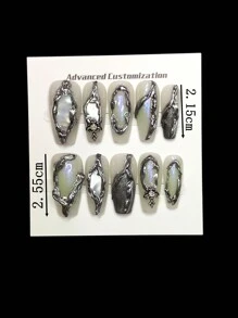 Handmade Green Ombre False Nails With 3D Silver Striped Rhinestone Design, Glossy Ballet Shape Chic And Sweet False Nails Suitable For Women And Girls Handmade Press On Nails - Multicolor - View 8