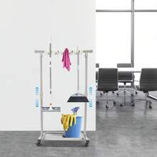 Broom And Mop Holder Cleaning Supplies Organizer Mop Organizer Height Adjustable 34.3-51.2in Freestanding Broom Holder W/4 Lockable Universal Wheels 5 Slots 6 Hooks For Home Restaurant Hotel
