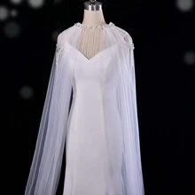 1pc Plain Color Sheer Long Dress Shawl, Detachable Brooch Or Cloak Style Wrap, Bridal Wedding Cape Fall Clothes For Women