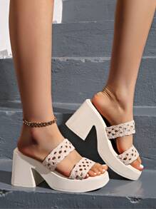 全新女式高跟坡跟一脚蹬休闲凉鞋，时尚防水厚底手工编织鞋，鞋底厚实