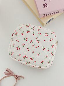 1 Pieza Bolsa de maquillaje acolchada con diseño de cereza, de gran capacidad, con cremallera, práctica y de moda, esencial para viajes y vacaciones, para almacenar artículos de higiene femenina, auriculares, cargadores, cosméticos, perfumes, productos de cuidado de la piel, y talla grande. Regalo ideal para mamá, mujeres, enfermeras, estudiantes, chicas escolares, y para decoración del hogar.