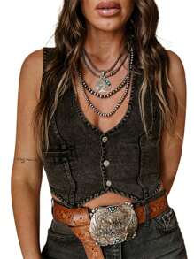 Women Y2K Button Down Denim Vest Vintage Sleeveless V Neck Jean Corset Crop Tank Top Fitted Cowgirl Streetwear - Màu xám đen - Xem 1