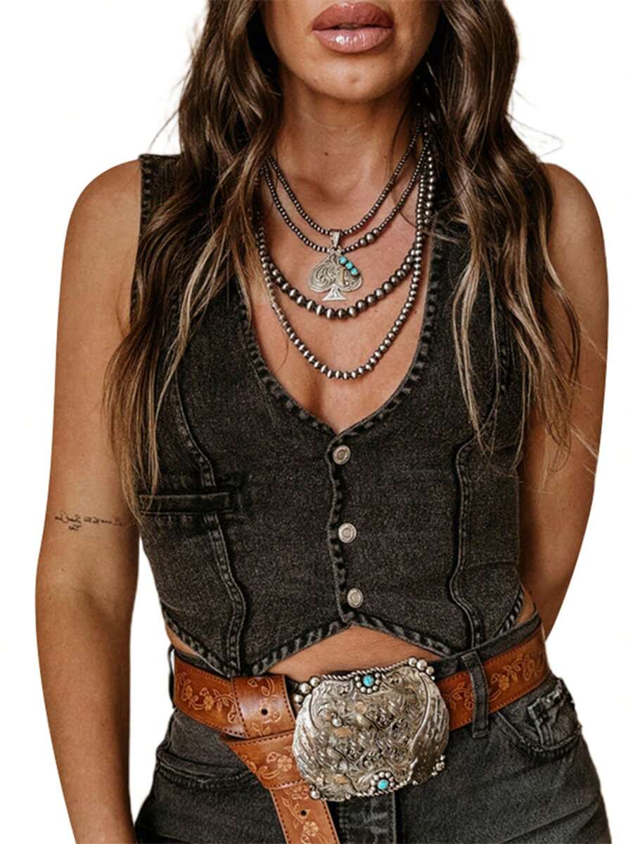 Women Y2K Button Down Denim Vest Vintage Sleeveless V Neck Jean Corset Crop Tank Top Fitted Cowgirl Streetwear - Màu xám đen - Xem 1