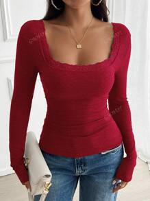 Women's T-Shirt Y2K Fall Women Back To School Clothes Sexy Casual Solid Color Lace Lace Square Neck Knitted Long-Sleeved Top