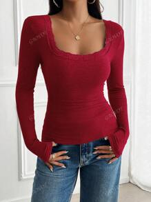 Women's T-Shirt Y2K Fall Women Back To School Clothes Sexy Casual Solid Color Lace Lace Square Neck Knitted Long-Sleeved Top