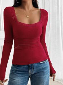 Women's T-Shirt Y2K Fall Women Back To School Clothes Sexy Casual Solid Color Lace Lace Square Neck Knitted Long-Sleeved Top
