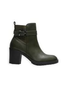 Casual Versatile Metal Buckle Thick Heel Ankle Boots - Green - View 1