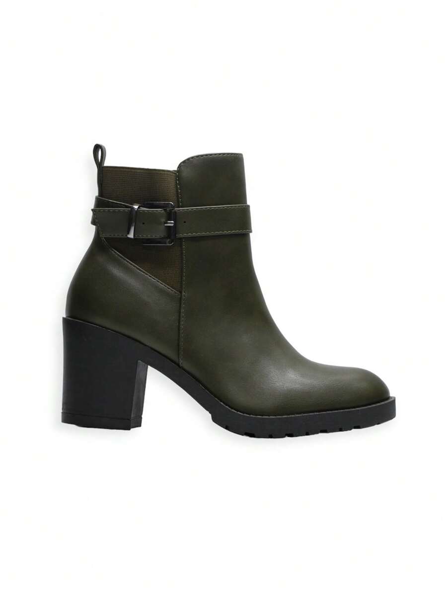 Casual Versatile Metal Buckle Thick Heel Ankle Boots - Green - View 1