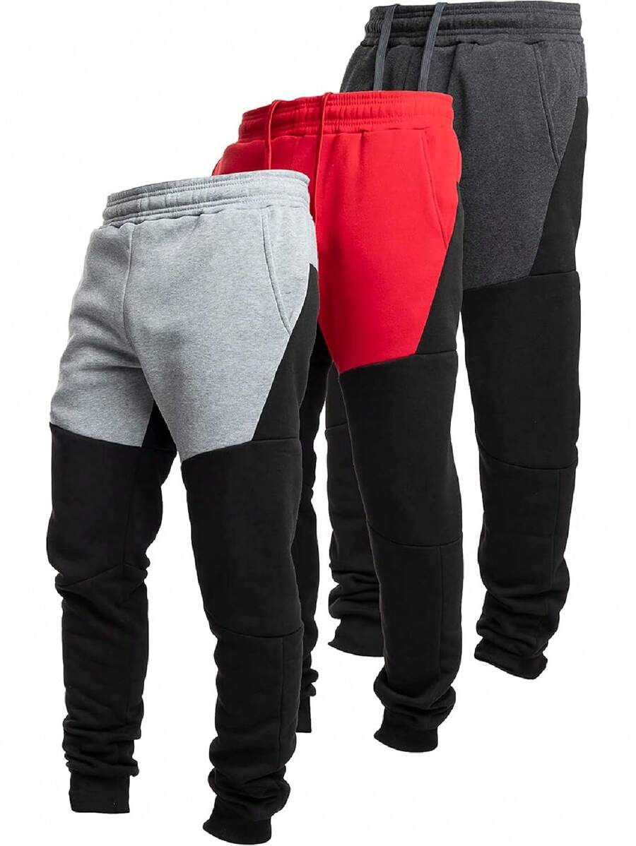 3 Pack Fleece Active Tech Joggers For Men, Mens Sweatpants With Zipper Pockets - Khối xám / Khối màu đỏ / Khối màu - Xem 1