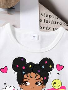 Toddler Cartoon Print Short Sleeve Tee And Denim Shorts Set - White - View 3