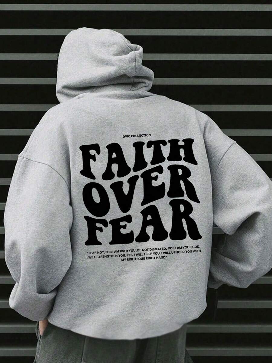 Faith Overcomes Fear Letter Print Hoodie With Pockets Men's Casual Long Sleeve Drawstring Autumn And Winter