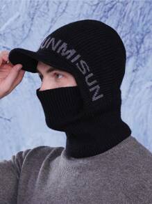 1pc Men's Autumn/Winter Letter Cycling Neck Warmer & Beanie Set, Casual Windproof Knitted Embroidered Ski Hat