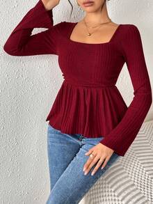 Women's Square Neck Ruffle Hem Long Sleeve T-Shirt New Year - Red - View 2