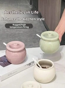 1 pièce Bocal à épices en céramique, bouteille à épices domestique, bocal à épices de luxe pour le sel, le MSG, le sucre, le piment, avec couvercle, convient pour l'hôtel, le restaurant, le bocal de stockage d'huile anti-moustique anti-insectes, pot de graisse en céramique blanc simple, résistant à la chaleur - Multicolore - Voir 3