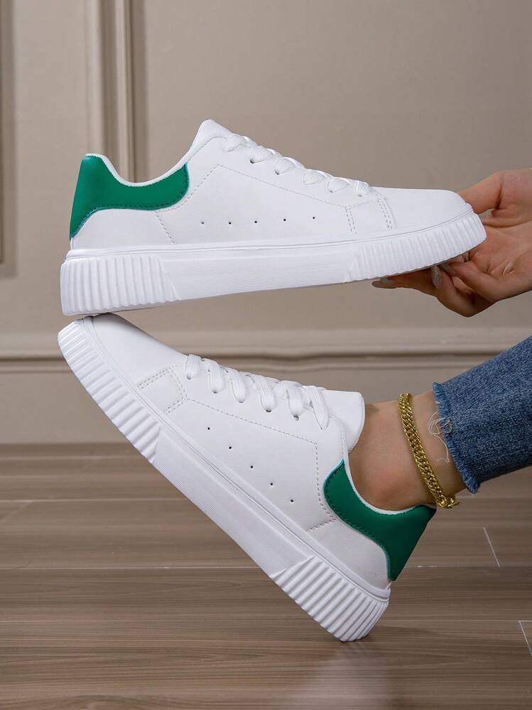 Women's Solid Color Splicing Minimalist Casual Thick Sole Breathable Versatile Sneakers - White Green - View 1
