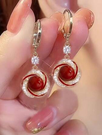 New Year Festive Quality Red Pearl Earrings, Luxury Elegant Hook Earrings For Ladies, Autumn/Winter