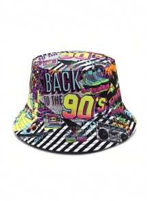 Cappello a secchiello unisex reversibile, in stile retrò anni '90 e '80, design con motivo vintage, cappello a secchiello casual da streetwear