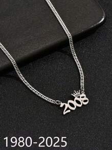 1件時尚不鏽鋼出生年份皇冠數字吊墜項鍊男士派對 - 銀色 - 查看 1