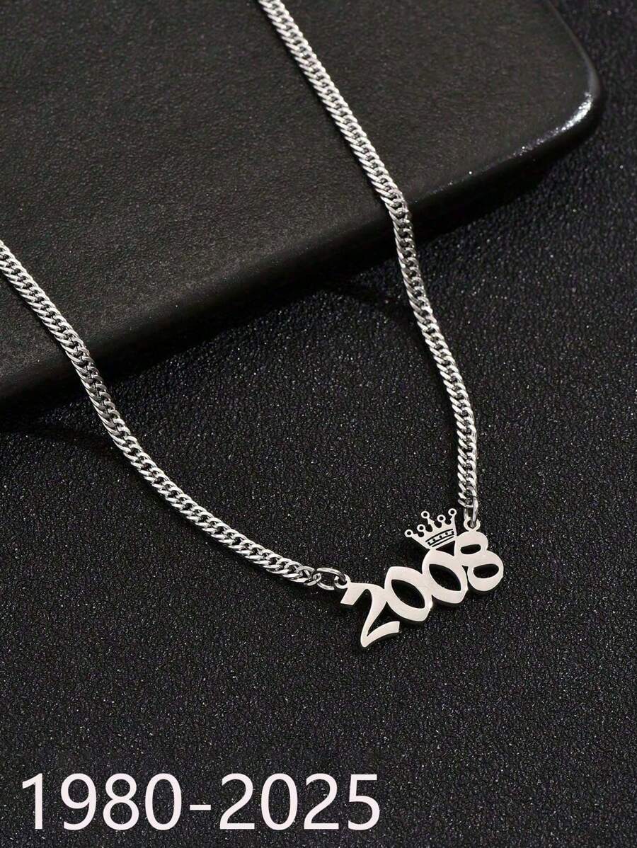 1件時尚不鏽鋼出生年份皇冠數字吊墜項鍊男士派對 - 銀色 - 查看 1
