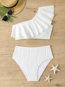 2025 新款荷叶边单肩上衣搭配高腰比基尼泳裤，性感比基尼套装，适合夏季海滩度假 - 白色 - 查看 4