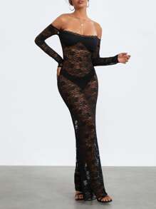 Women's 2025 Sheer Lace Maxi Dress - Spring Summer Off-Shoulder Slim Fit With Floral Cutouts, Day-To-Night Bohemian Beach To Club Wear‌ - Black - View 3