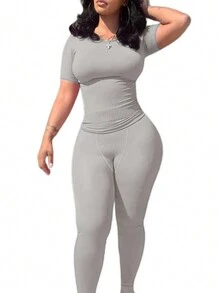 Bộ đồ thường ngày mùa xuân gồm quần skinny ngắn tay ôm sát, cạp cao, tay ngắn, kiểu dáng thoải mái. - Xám - Xem 3